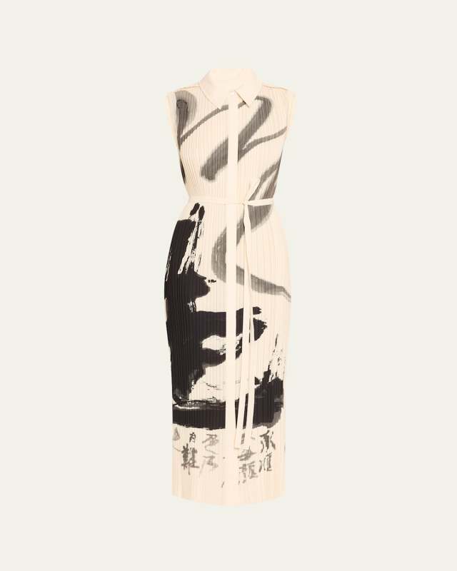 Pleated Sleeveless Maxi Shirtdress With Artwork By Tong